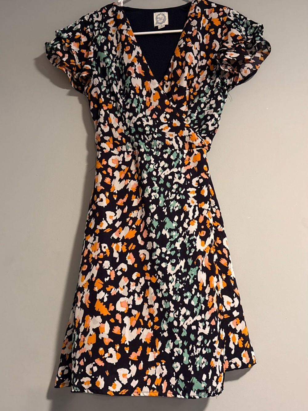 Abstract Mini Wrap Dress with Orange & Mint Accents